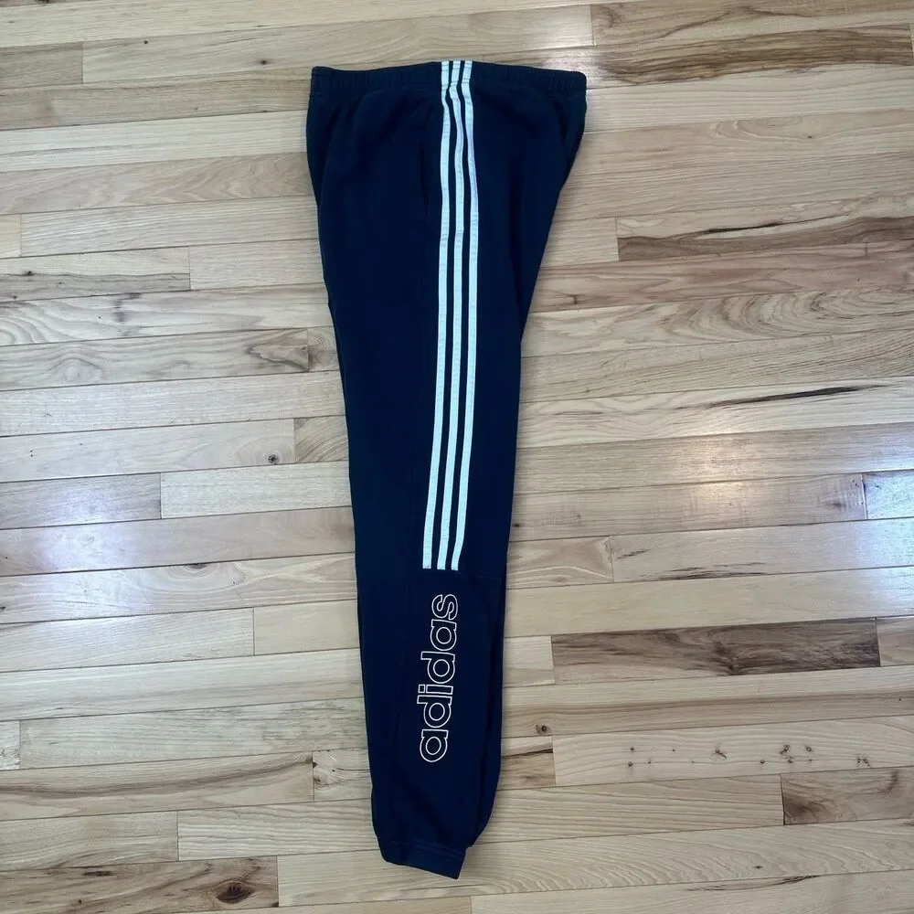 Adidas Mens Pants Joggers Medium Blue White Sweats Spell Out Cuffed 3 Stripe Gym